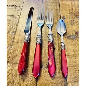 4pc Casa Bugatti Oxford Burgundy Flatware 18/10 Stainless Lot Italy